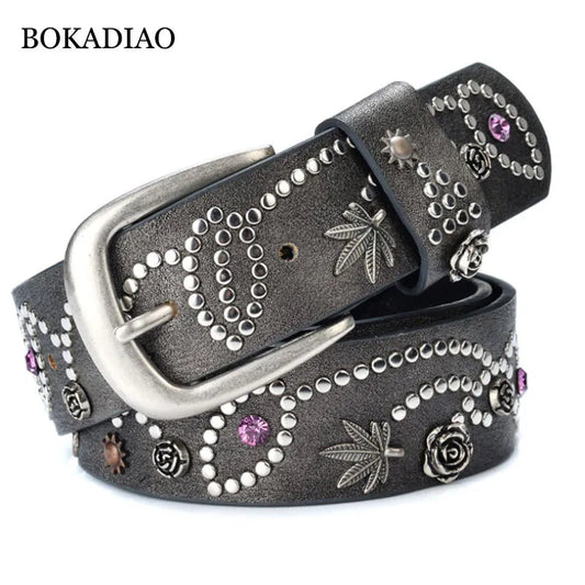 BOKADIAO Leather Flowers Punk Belts