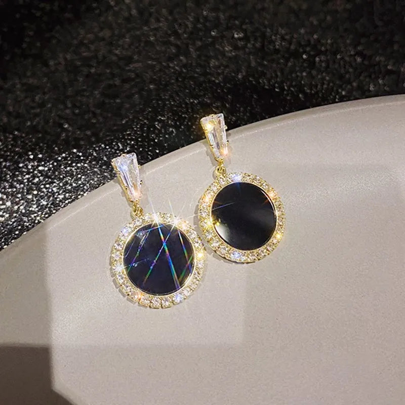 Black Geometric  Drip Round CZ Earrings