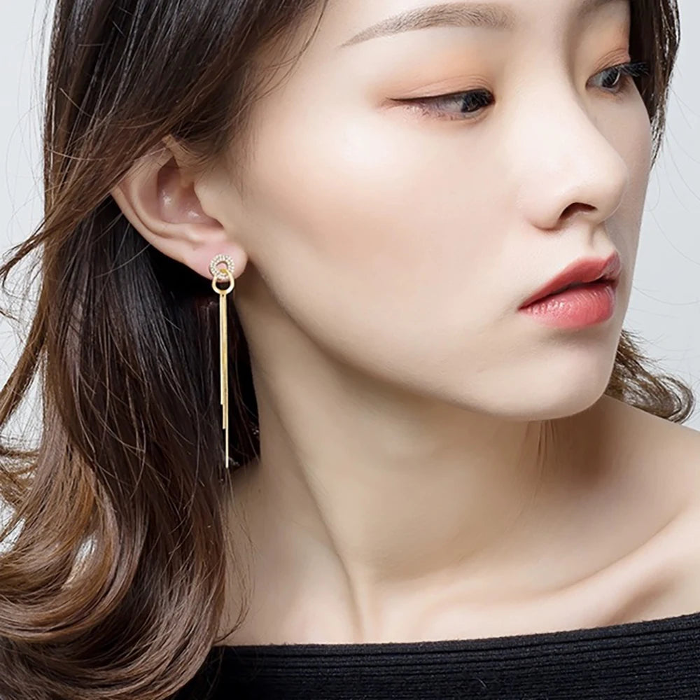 Tassel Earrings CZ Crystal Pendant Korean