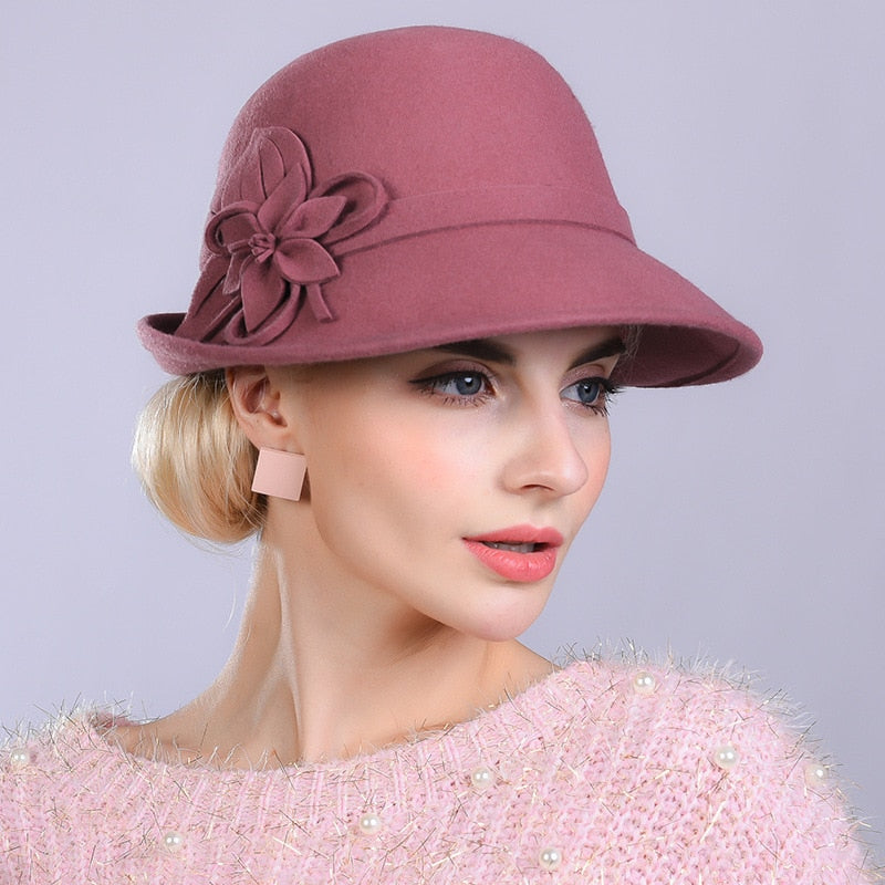 Felt Wool Bucket Flower Hat