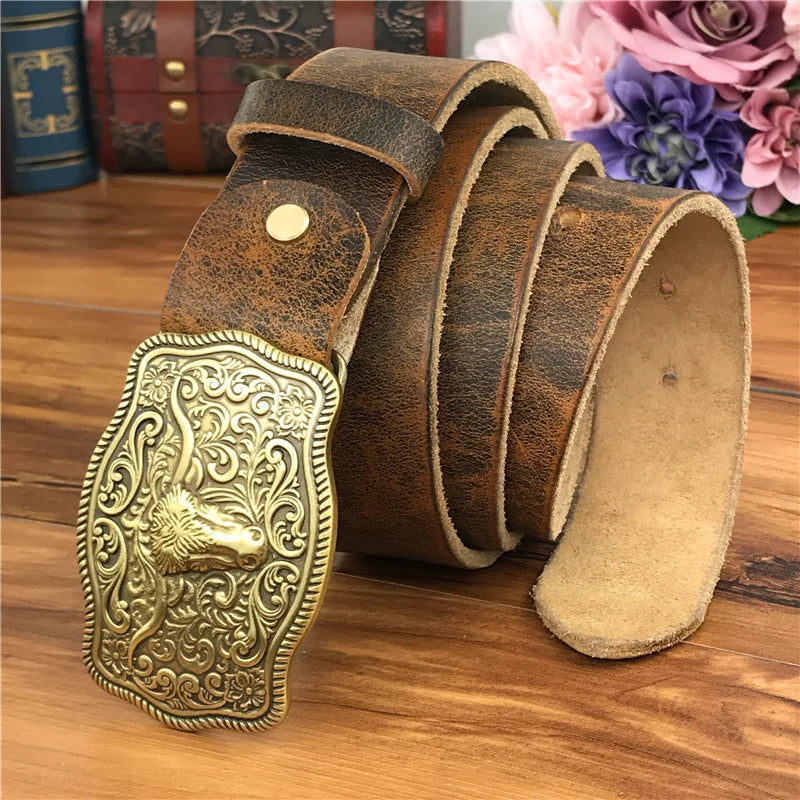 Brass Cowboy Buckle Leather Belt