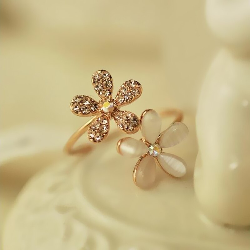 Opal Double Daisy Flower Rhinestone Rings