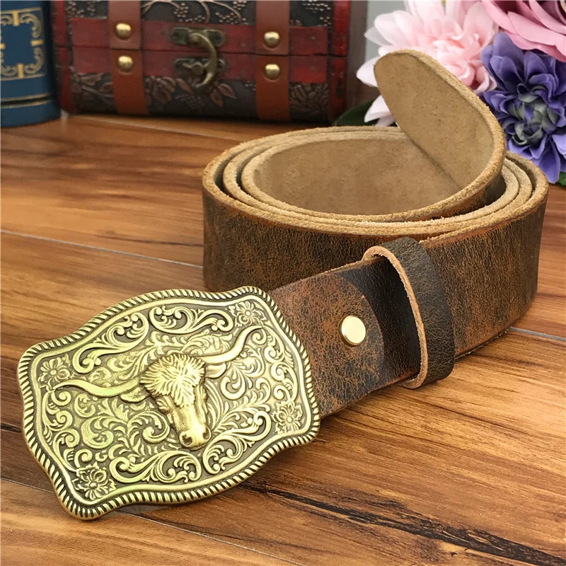 Brass Cowboy Buckle Leather Belt