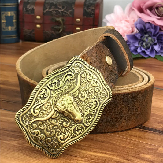 Brass Cowboy Buckle Leather Belt