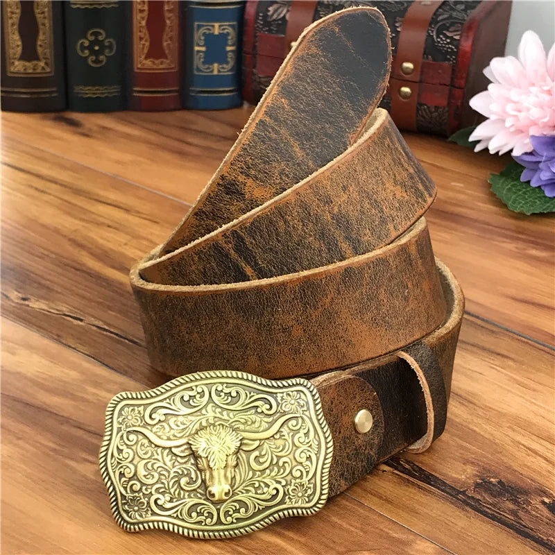 Brass Cowboy Buckle Leather Belt