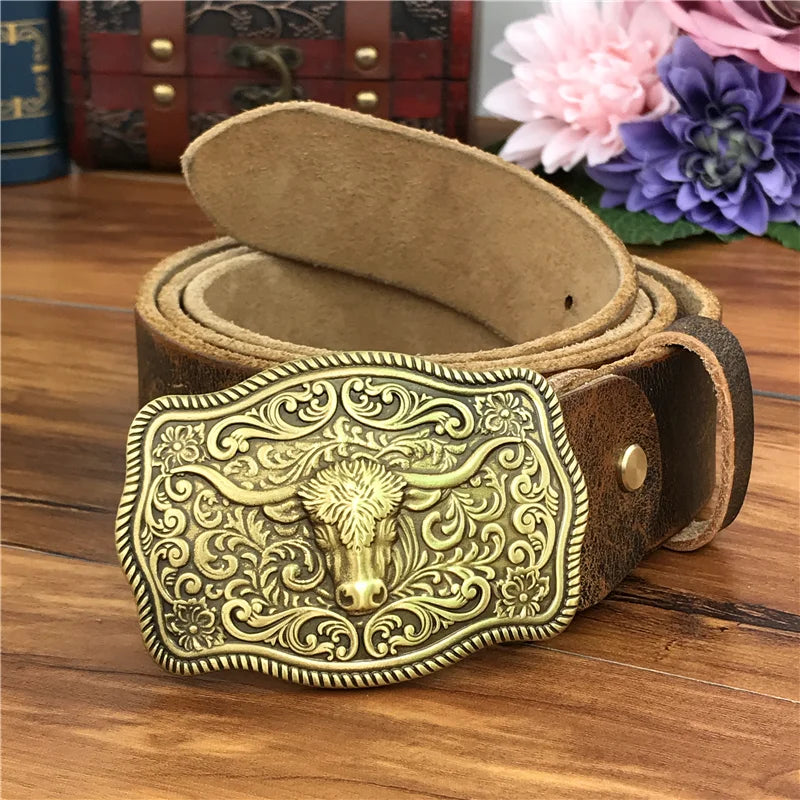 Brass Cowboy Buckle Leather Belt