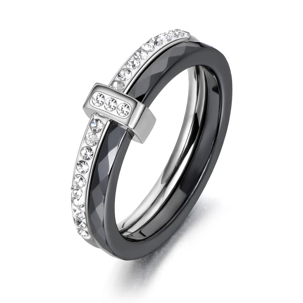 Black/White Stainless Steel Ceramic Crystal Rings