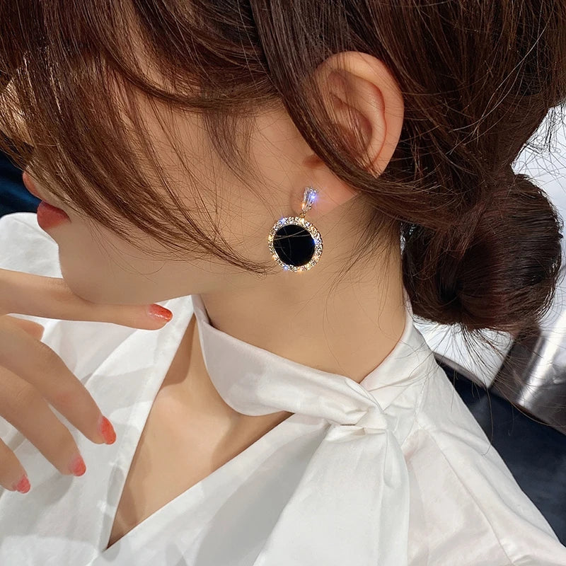 Black Geometric  Drip Round CZ Earrings