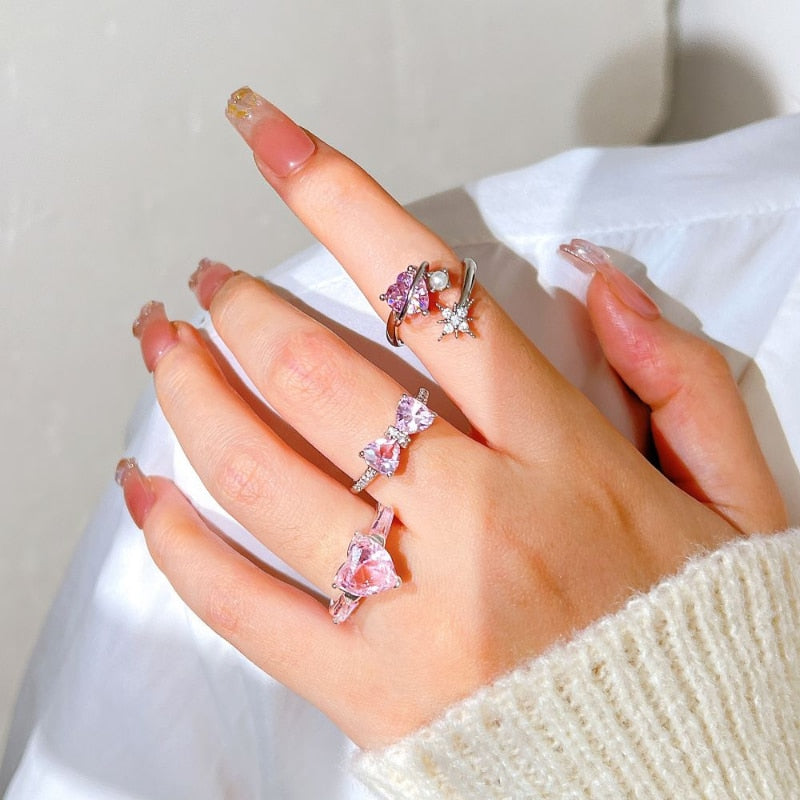 Pink Crystal Heart Bowknot Kpop Ring