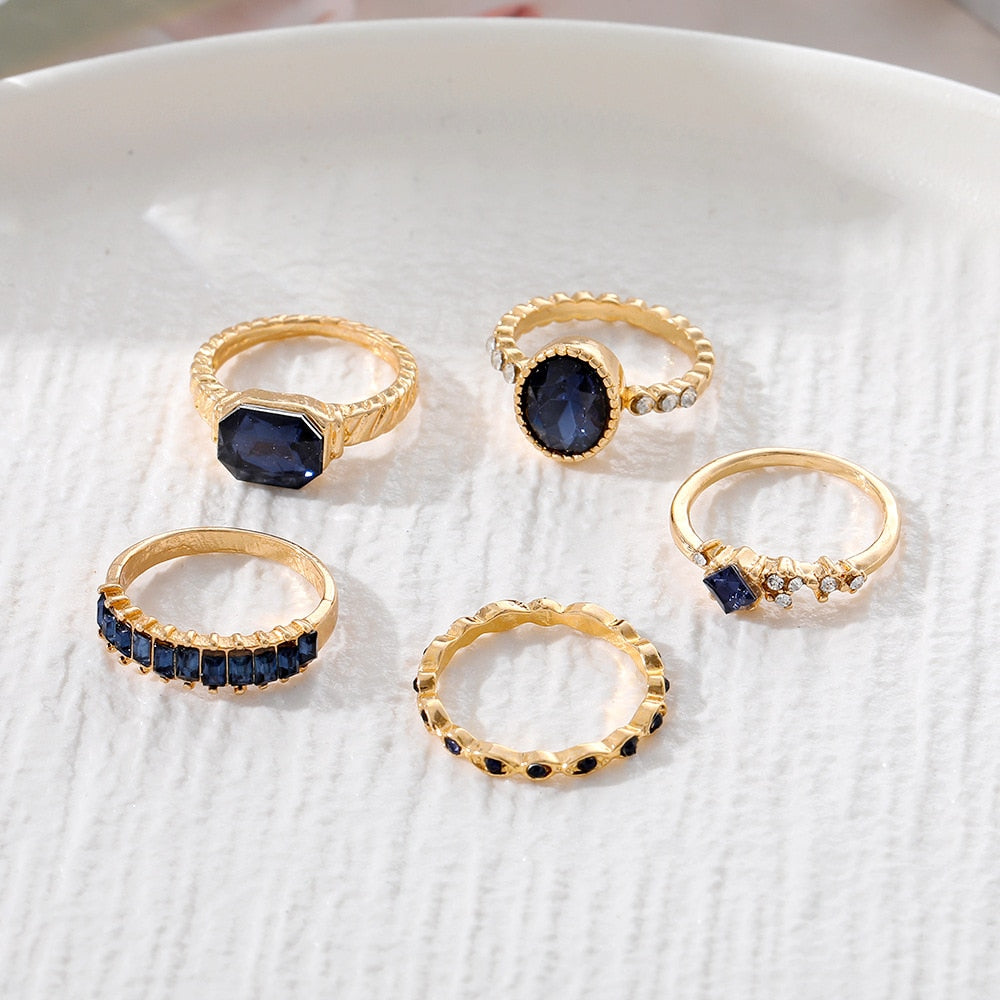 Retro Blue Crystal 5 Pieces Ring