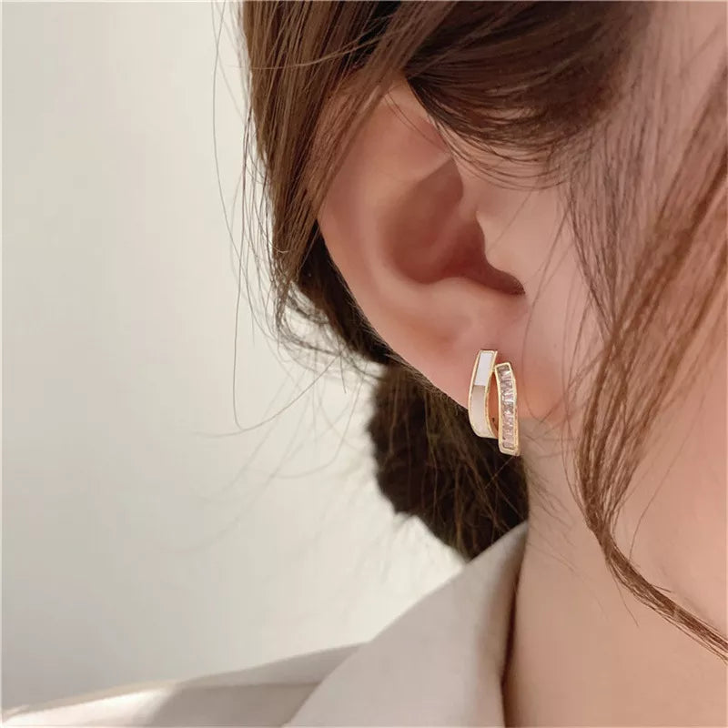 Korean Stud Earrings White Enamel CZ Gold Color