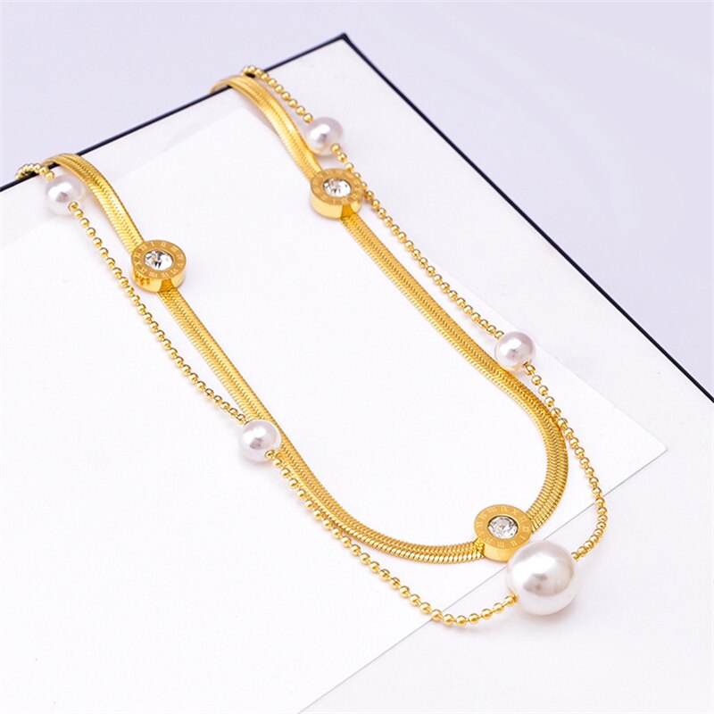 Stainless Steel 2-LayerPearl CZ Roman Choker