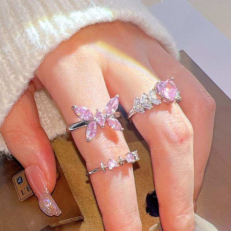 Pink Crystal Heart Bowknot Kpop Ring