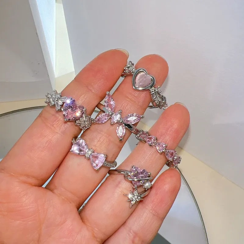 Pink Crystal Heart Bowknot Kpop Ring