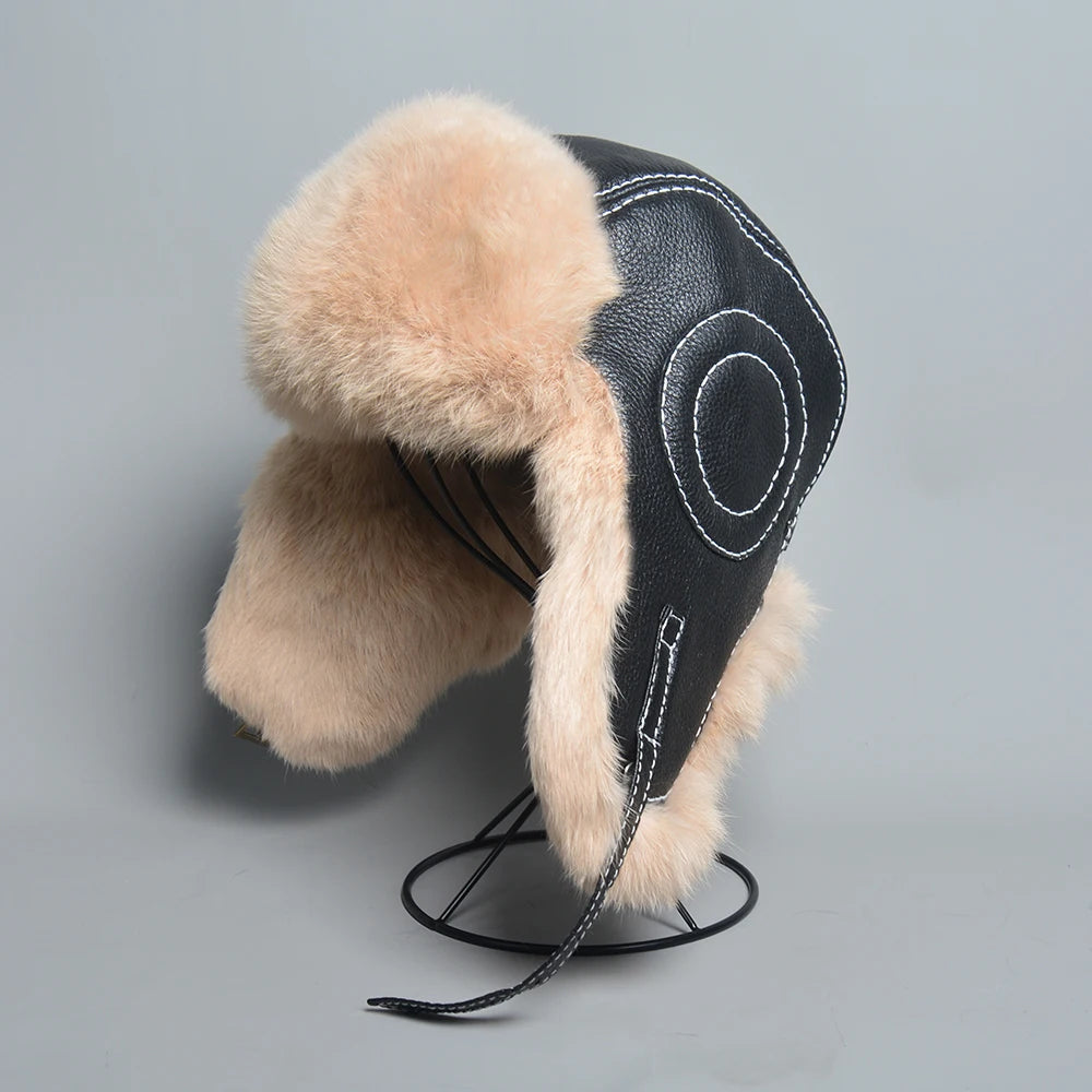 Real Rabbit Fur Bomber Hat Ushanka Cap