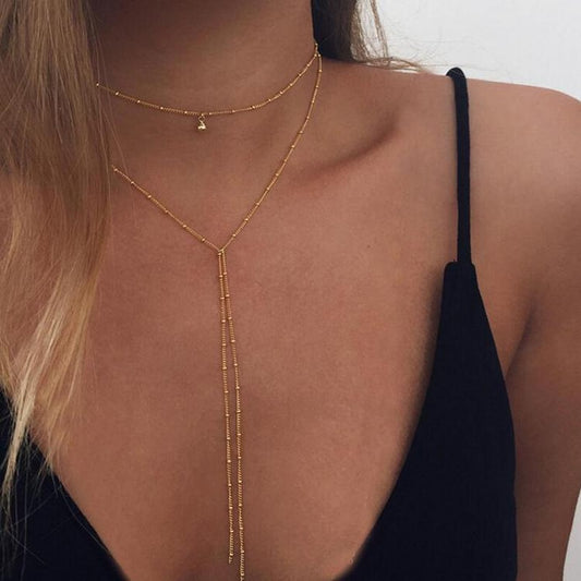 Simple Chain Choker Long Beads Tassel