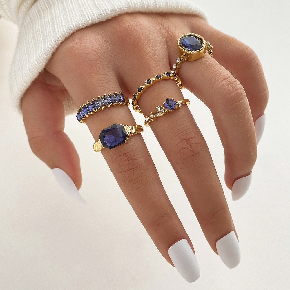 Retro Blue Crystal 5 Pieces Ring