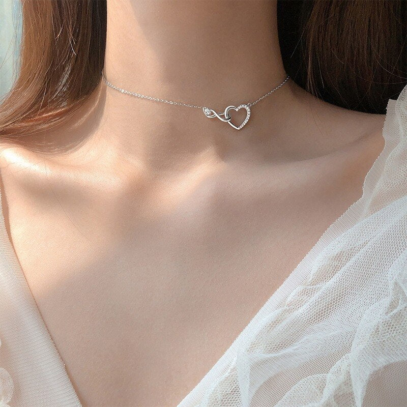 Silver Zircon Heart Necklaces Infinity Love