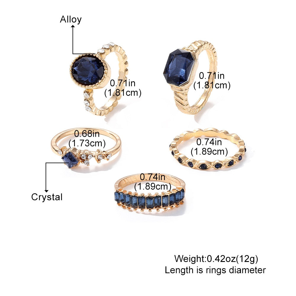 Retro Blue Crystal 5 Pieces Ring