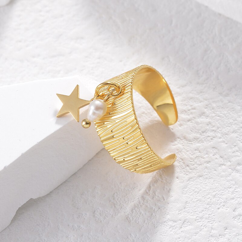 Stainless Steel With Star Imitation Pearl Ring