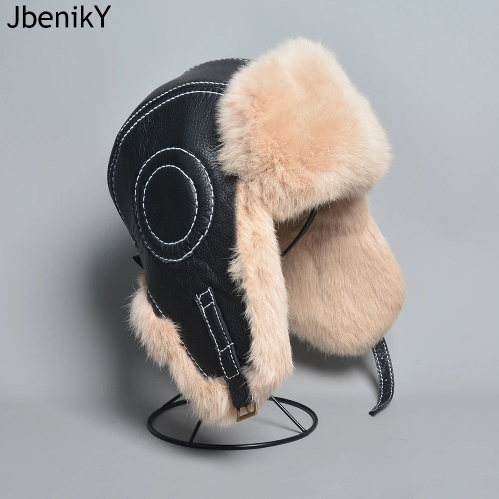 Real Rabbit Fur Bomber Hat Ushanka Cap