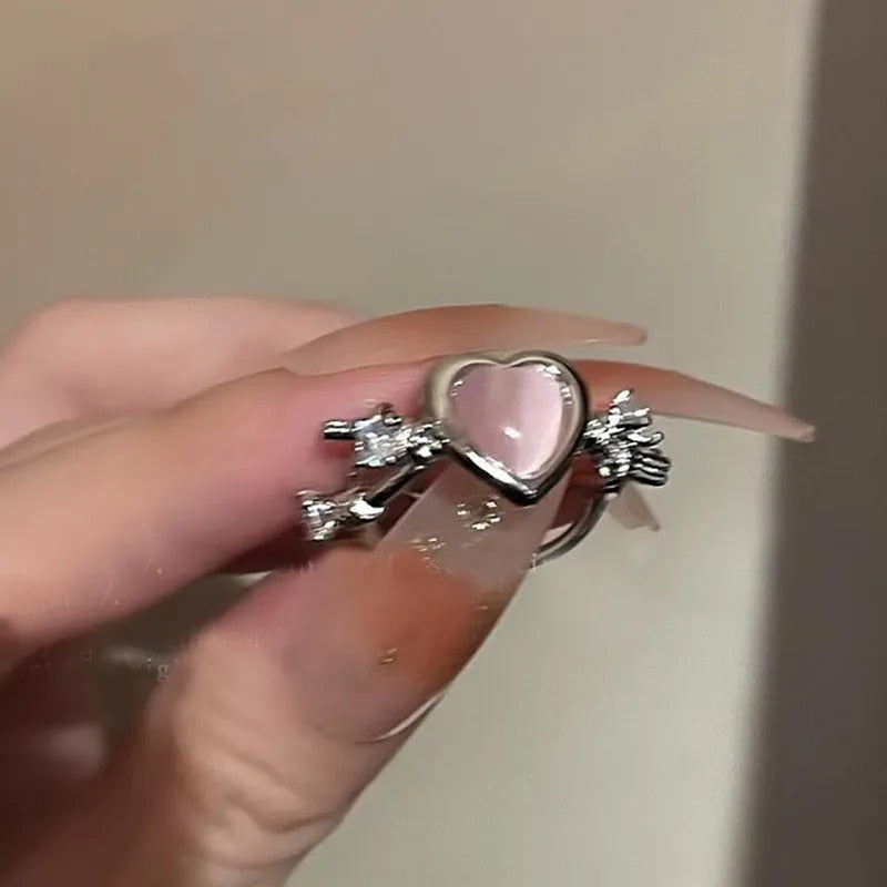 Pink Crystal Heart Zircon Opal Love Open Ring