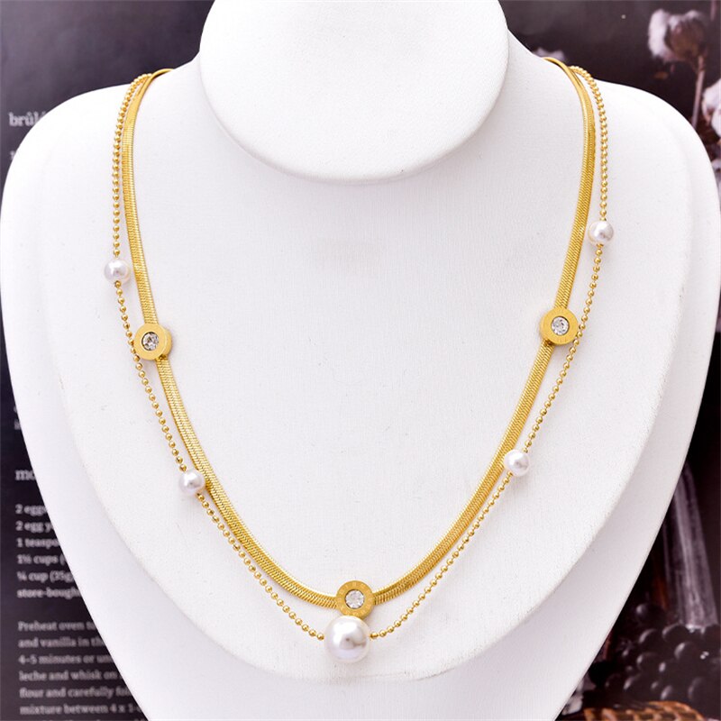 Stainless Steel 2-LayerPearl CZ Roman Choker