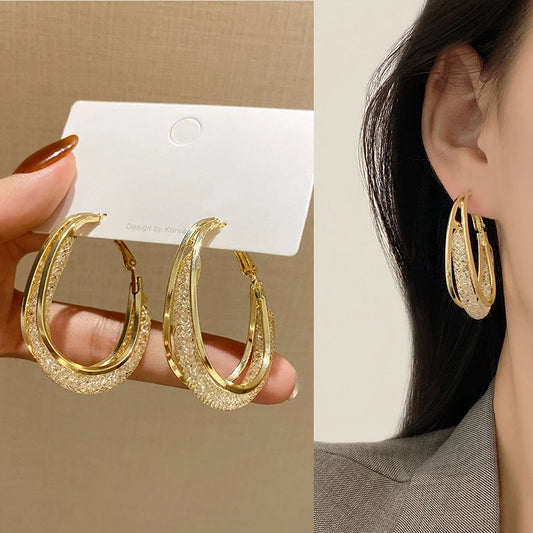 Korean Gold Color Mesh Crystal Hoop Earrings