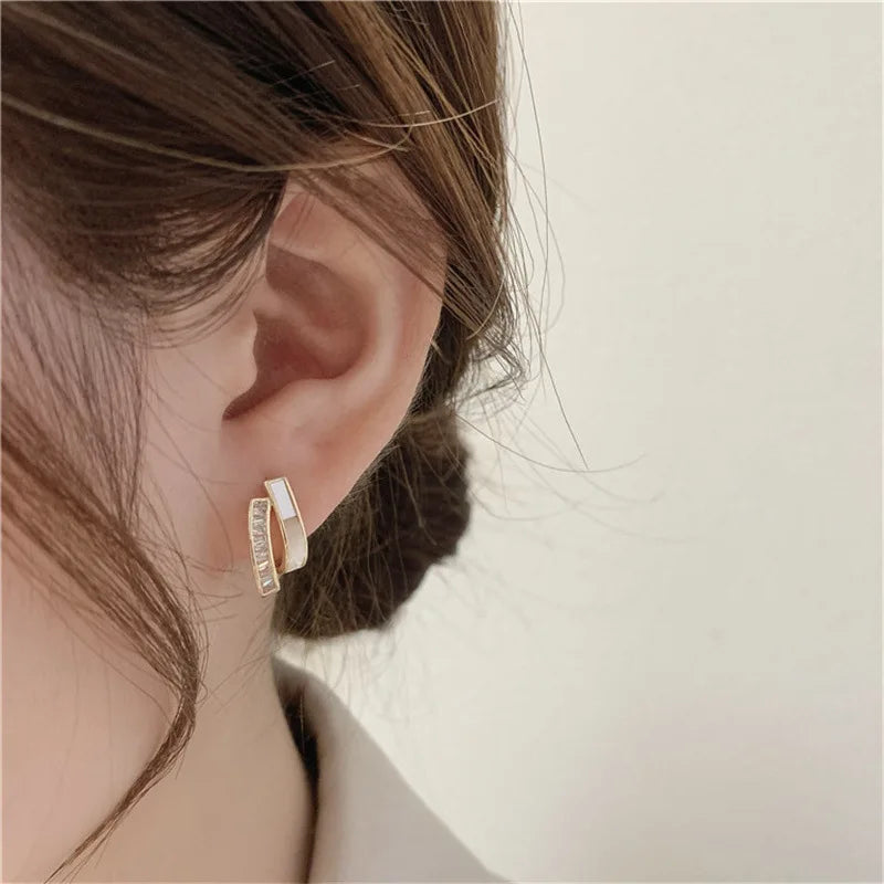 Korean Stud Earrings White Enamel CZ Gold Color