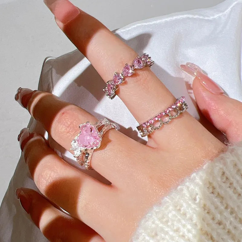 Pink Crystal Heart Bowknot Kpop Ring