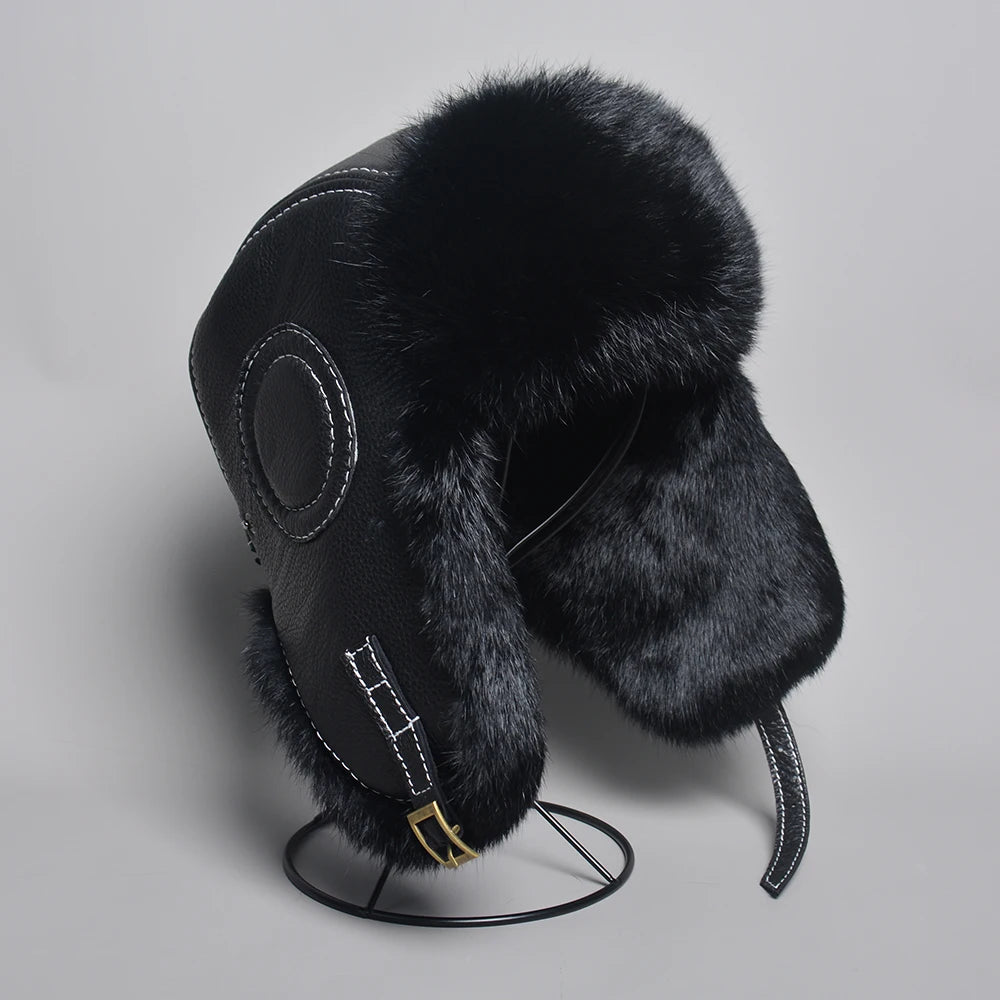 Real Rabbit Fur Bomber Hat Ushanka Cap