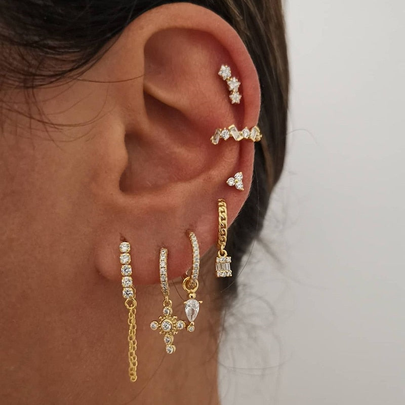 Boho Zircon Clip Stud Hoop Earrings