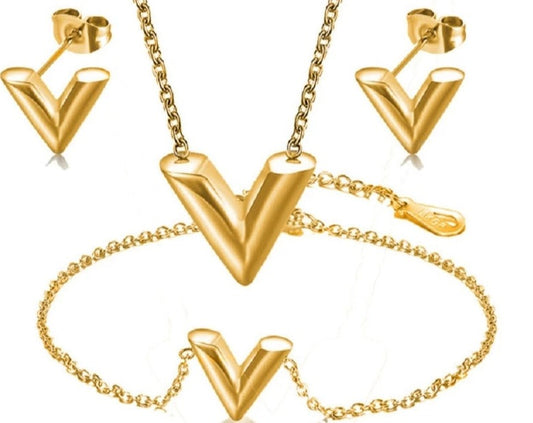 V Letter Pendant Necklace Stainless Steel