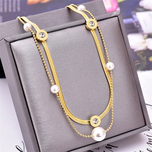 Stainless Steel 2-LayerPearl CZ Roman Choker